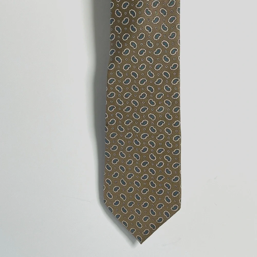 Oscar De La Renta Neckwear Couture Collection Tie Tan Blue‎ Paisley Silk Luxury